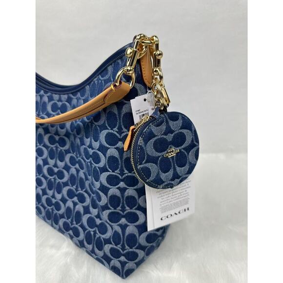 Coach Circular Coin Pouch Bag Charm In Signature Gold/Denim/Natural NWT CZ256 - Picture 5 of 10